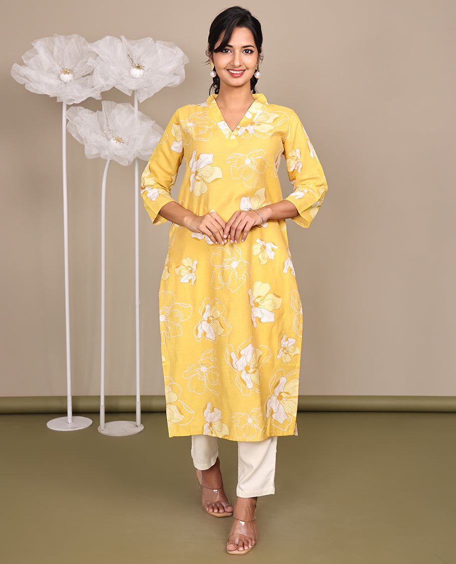 Yellow Flower Motifs Printed Below-Knee-Length Cotton Kurti, Adorned with V-Neckline, 3/4 Sleeves, Straight Cut Length