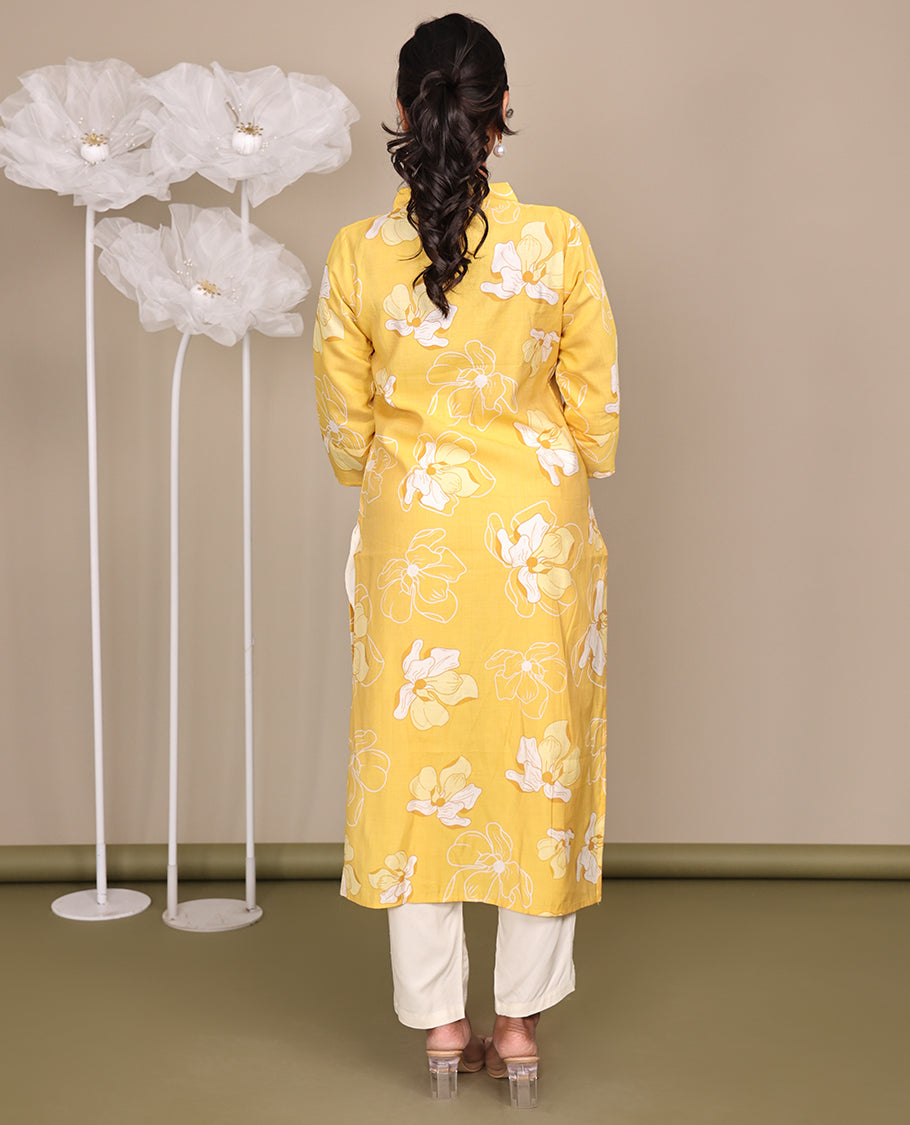 Yellow Flower Motifs Printed Below-Knee-Length Cotton Kurti, Adorned with V-Neckline, 3/4 Sleeves, Straight Cut Length