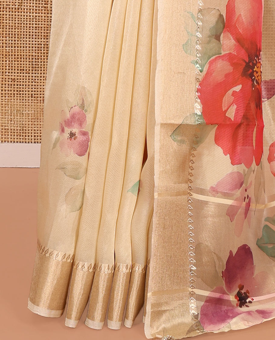 Gold Tissue Saree, Elevated with Hibiscus Motifs Printed on Its Body, Subtle Zari Printed Border, Pallu Pictures Hibiscus Motifs Print, and Paired with a Matching Blouse