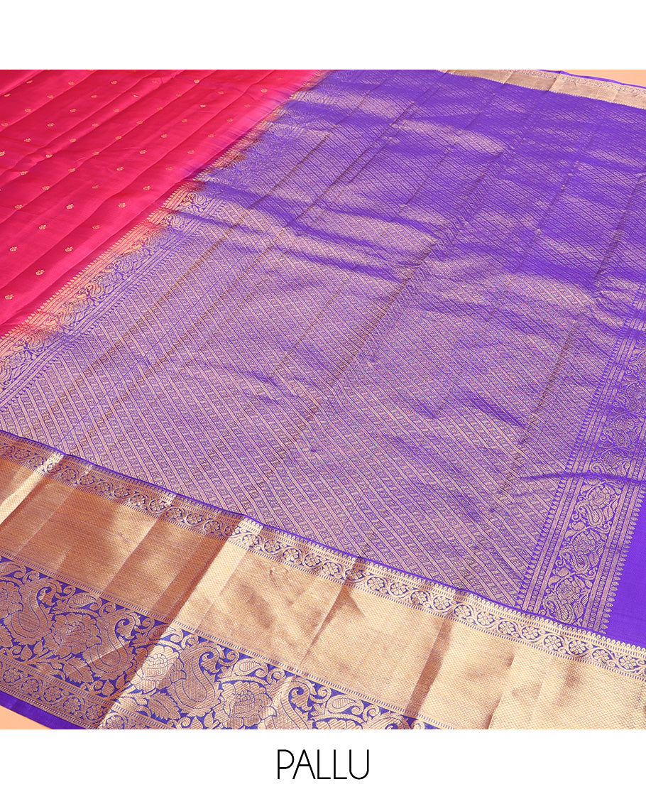 Magenta Vasundhara Lite Silk Mix Saree Decked Up with Zari Buttas, Featuring a Contrast Border of Kodi Visiry, Kuyil Kann, and Manga Designs, Intricately Zari Woven Pallu, and a Contrast Blouse