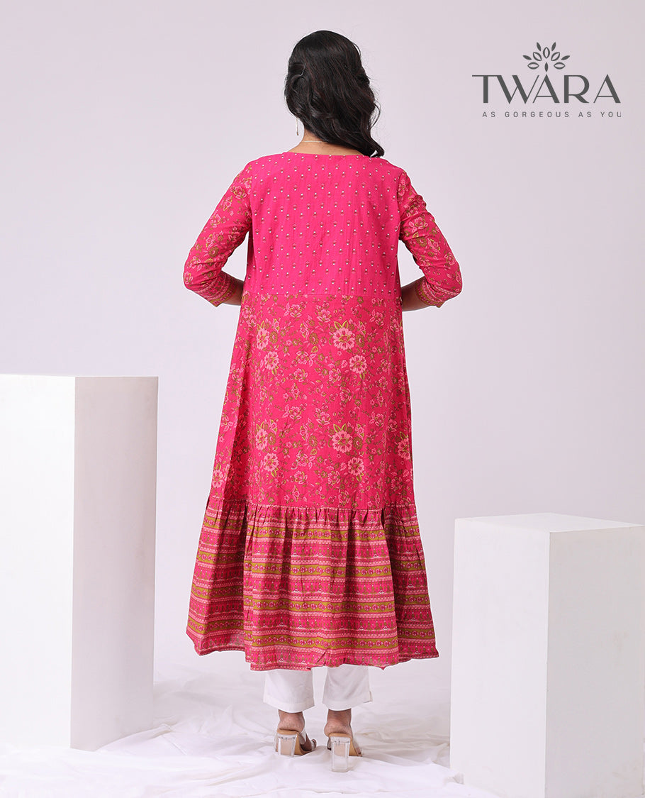 Twara Pink floral motifs, round neck knee lenght, 3/4 sleeve with floral printed over coat kurti