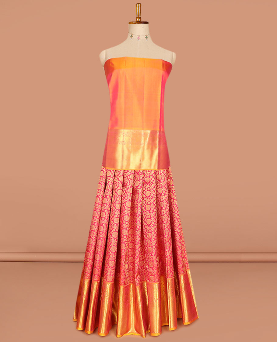 Red pure-silk half saree, jacquard skirt, contrast border & blouse of thilakam mokku,poun,muthu,kuthirai & mayil kann & intricate dhavani