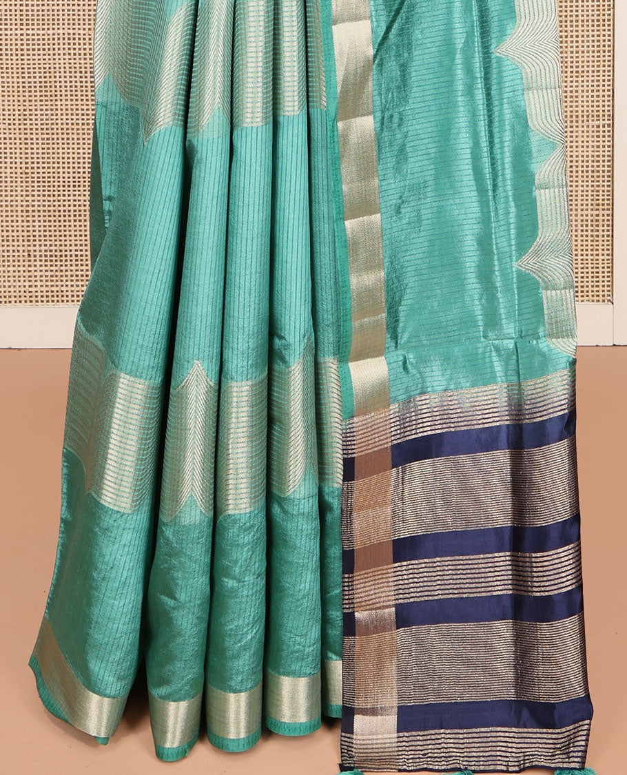 Green Dupion Silk Saree, Boldly Accentuated with Zig-Zag Stripes, Highlighted by Zari Border, Complemented by a Contrast Zari Striped Pallu, and a Contrast Blouse