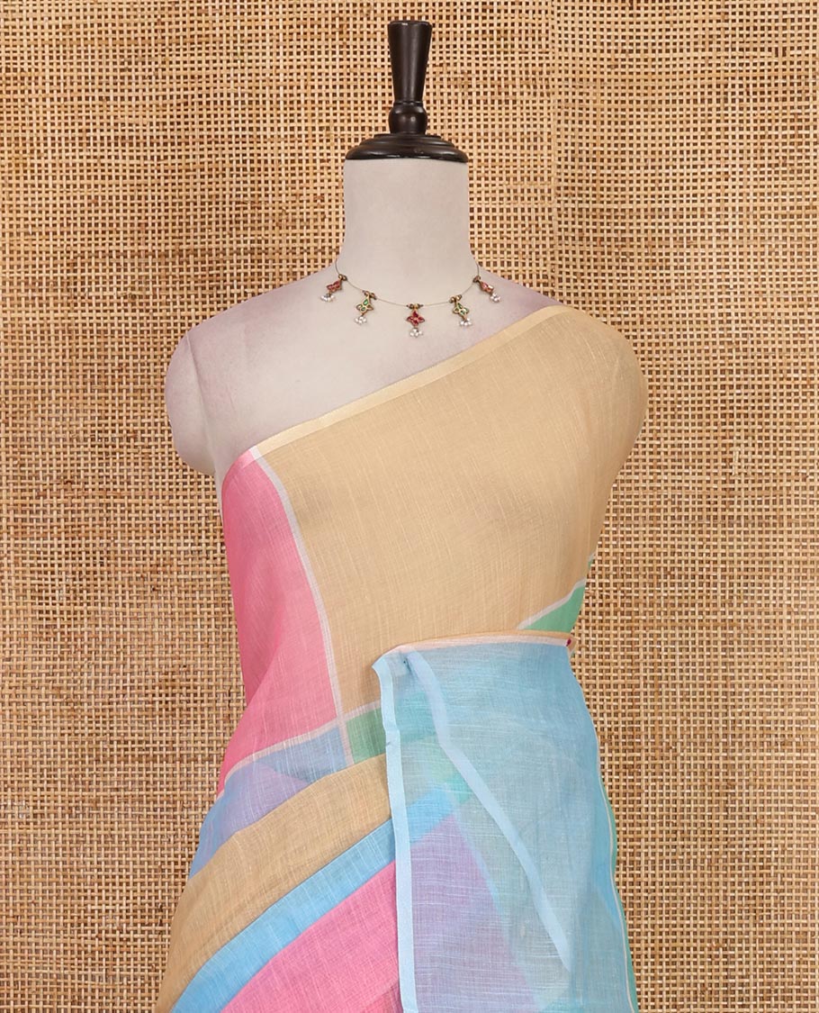 Borderless multi colour colorful big checked geometric theme printed linen saree, striped pallu and contrast plain blouse