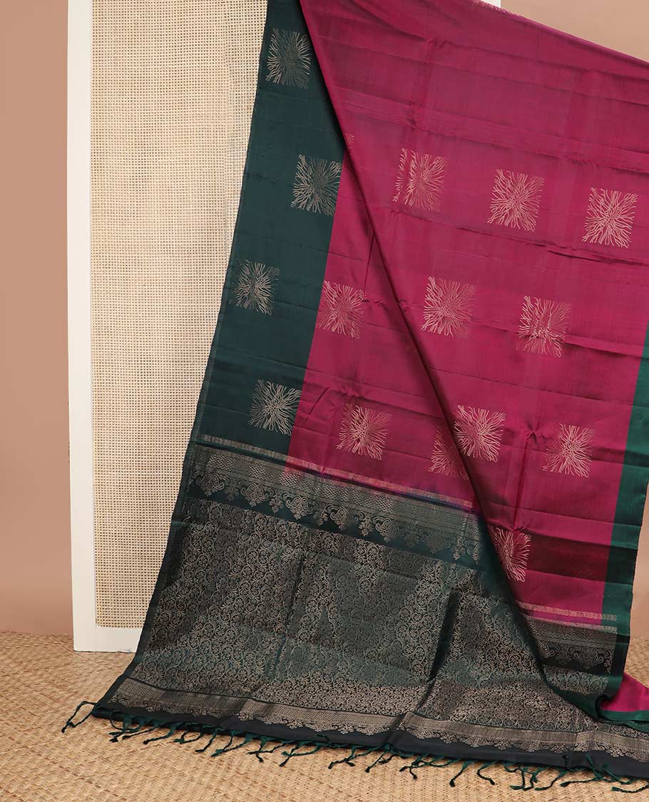 Maroon zari buttas silk mix saree, contrast zari design border & pallu of floral jaal designs