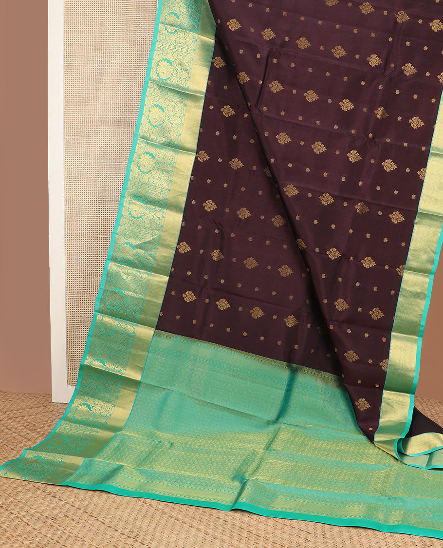 Brown zari buttas vasundhara silk mix saree, contrast ogee pallu & border of rekku,mayil kann, floral & mayil designs