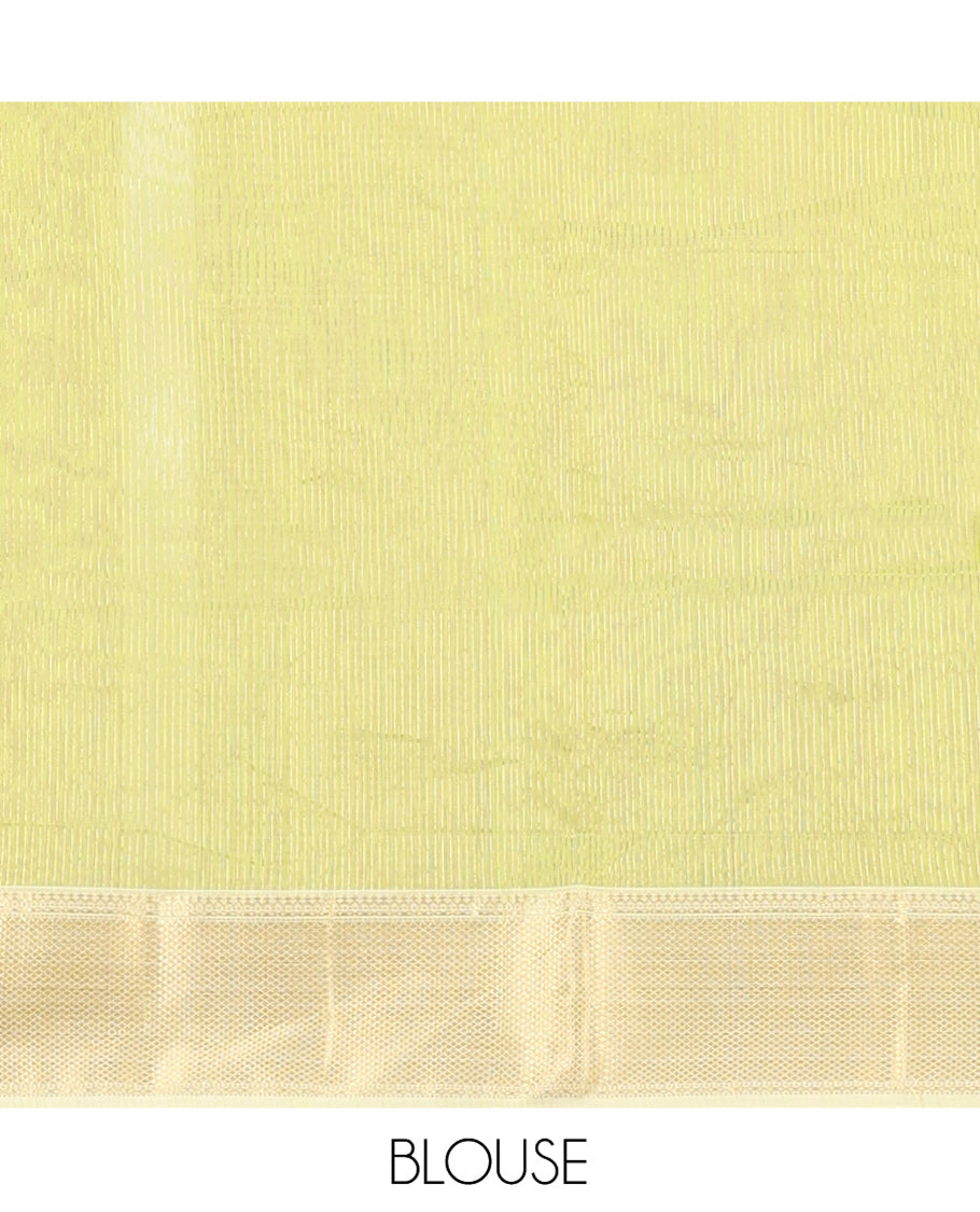 Green Maheshwari Cotton Saree, Subtly Sparkled with Stripes, Highlighted by a Zari Border, Gleaming Zari Pallu, and Paired with a Matching Blouse