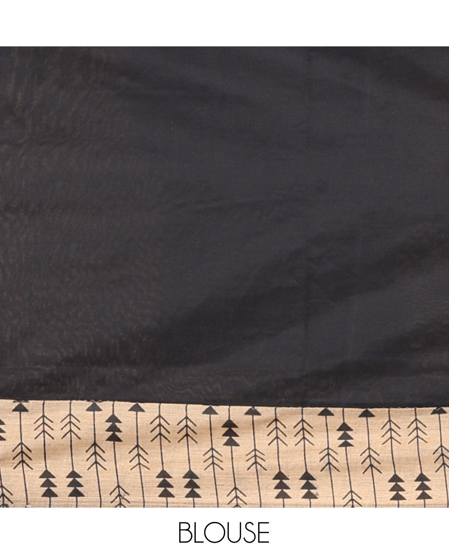 Sandal Poly Cotton Saree, Bedecked with Arrow-Stripes Print, a Contrast Printed Border, Unique Motifs Printed Pallu, and a Contrast Blouse