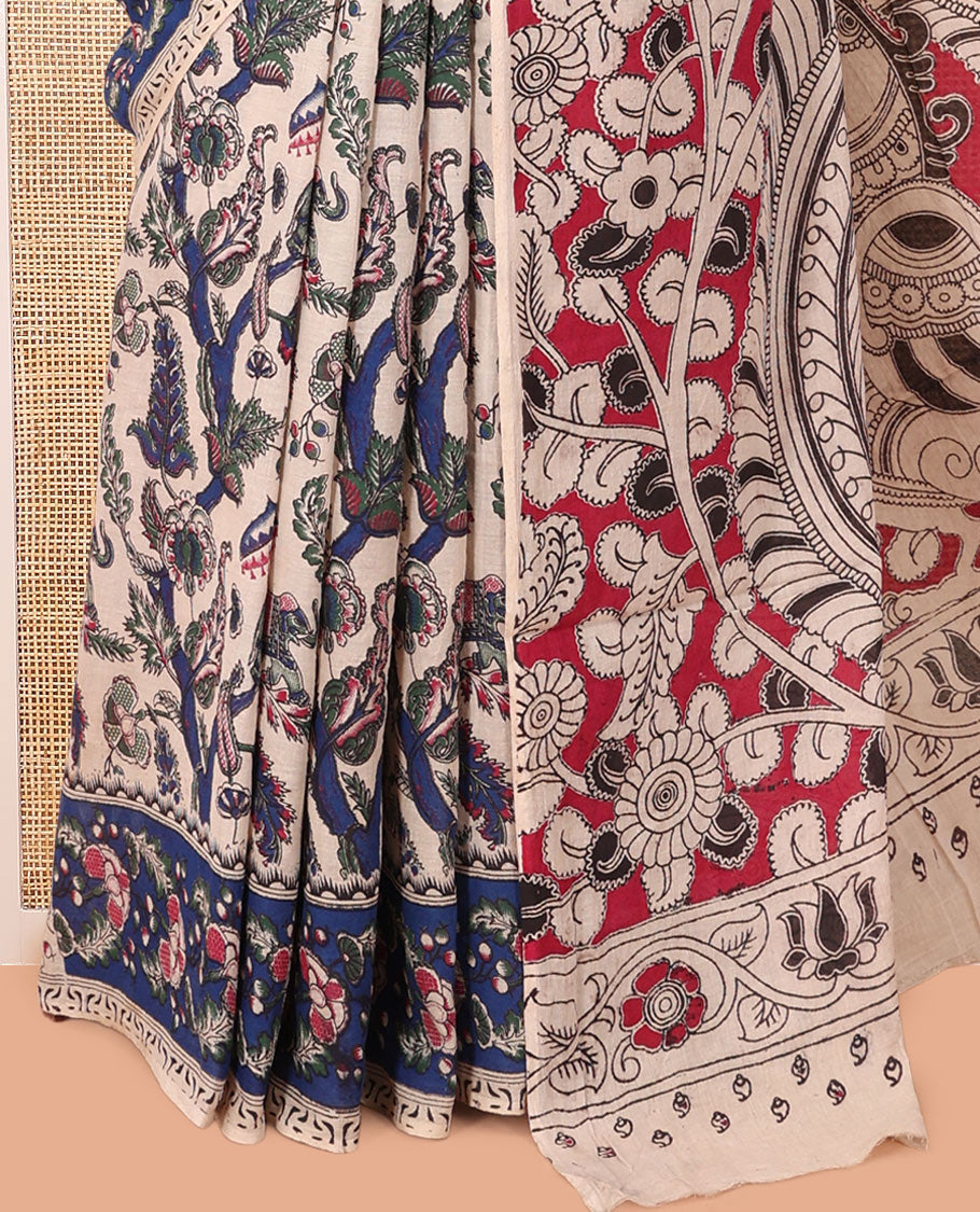 Sandal Kalamkari Cotton Saree, Elevated with Animal and Floral Motif Print, Contrast Printed Border, Kalamkari Peacock Motifs Pallu, and a Matching Blouse