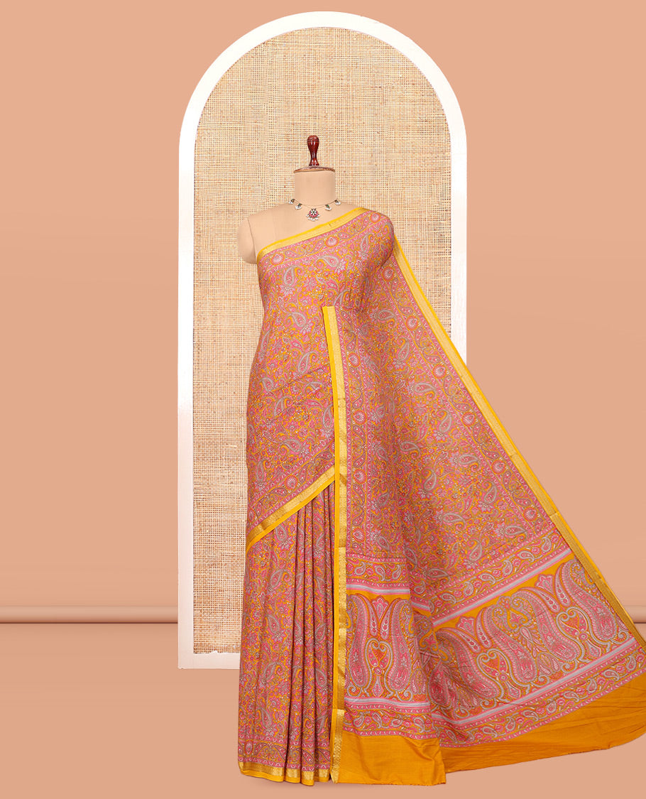 Orange Printed Silk Saree, Bedecked with Floral-Paisley Print, a Contrast Traditional Zari Border, Paisley Pallu, and a Contrast Blouse