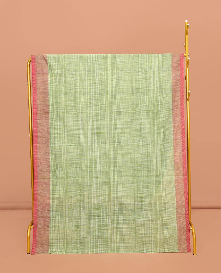 Green Heathered Textured Mangalgiri Cotton Saree, Complemented by Contrast Border, Striped Pallu, and Paired with a Contrast Blouse