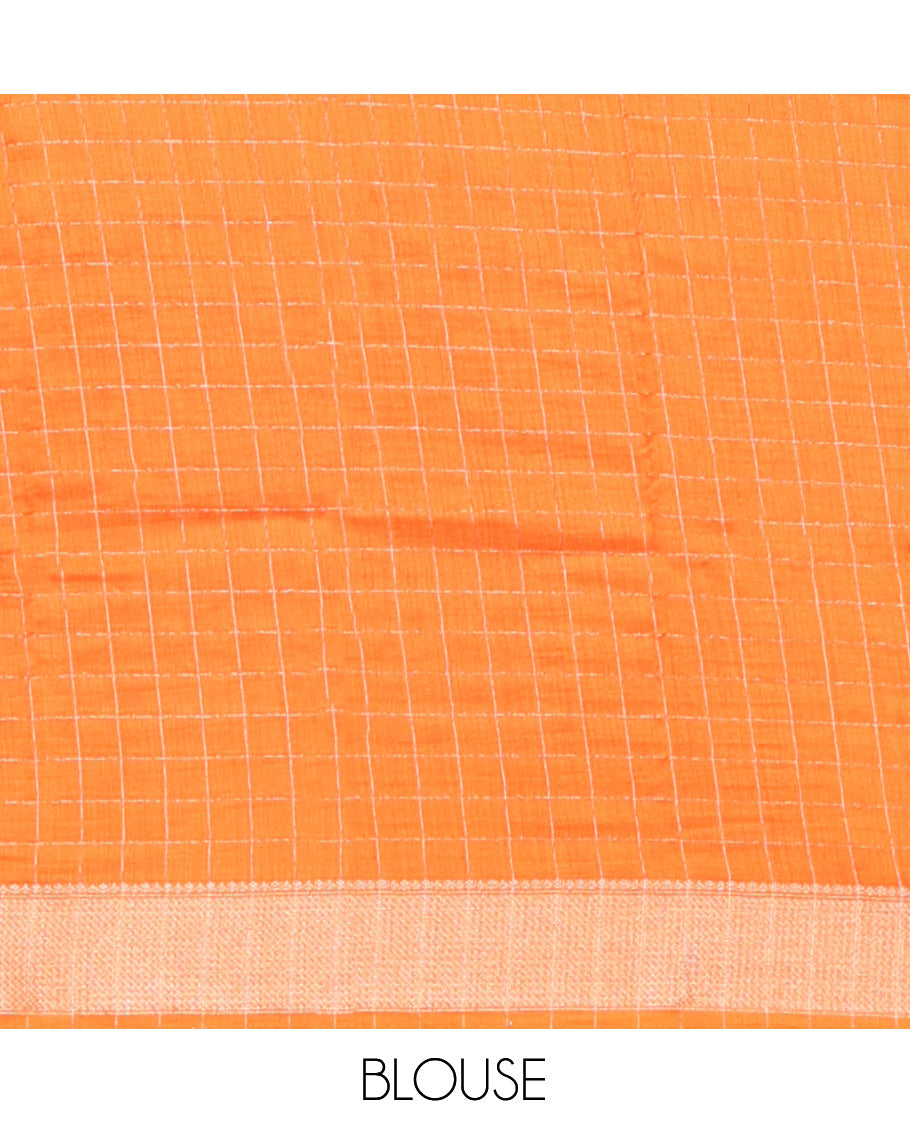 Orange Assam Silk Saree, Adorned with Checks, Highlighted by a Traditional Border, a Self-Pallu, and a Matching Blouse