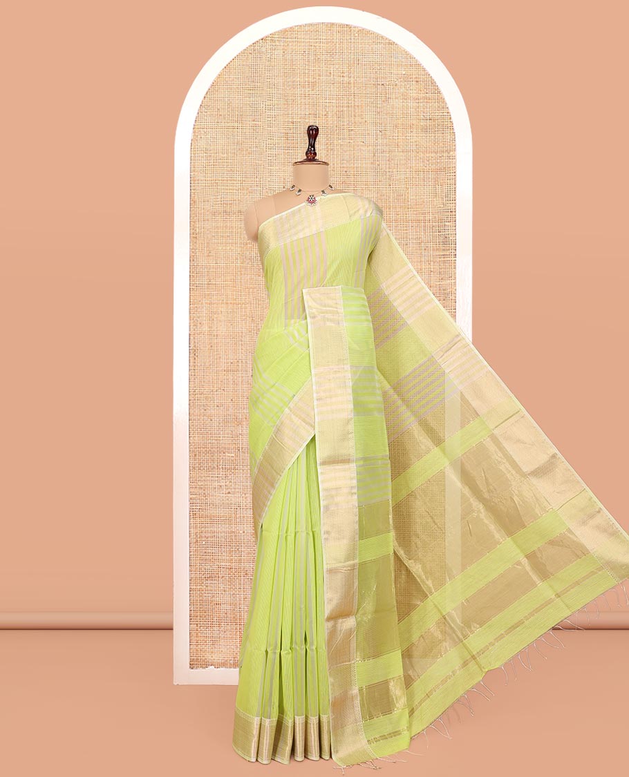 Green Maheshwari Cotton Saree, Subtly Sparkled with Stripes, Highlighted by a Zari Border, Gleaming Zari Pallu, and Paired with a Matching Blouse