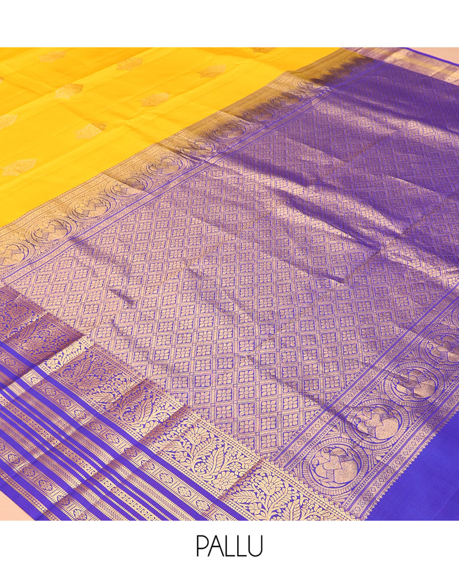Yellow Vasundhara Silk Saree, Subtly Woven with Zari Buttas, a Contrast Border of Kodi Visiry, Muthu, and Kamalam Designs, Jaal Pallu, and a Contrast Blouse