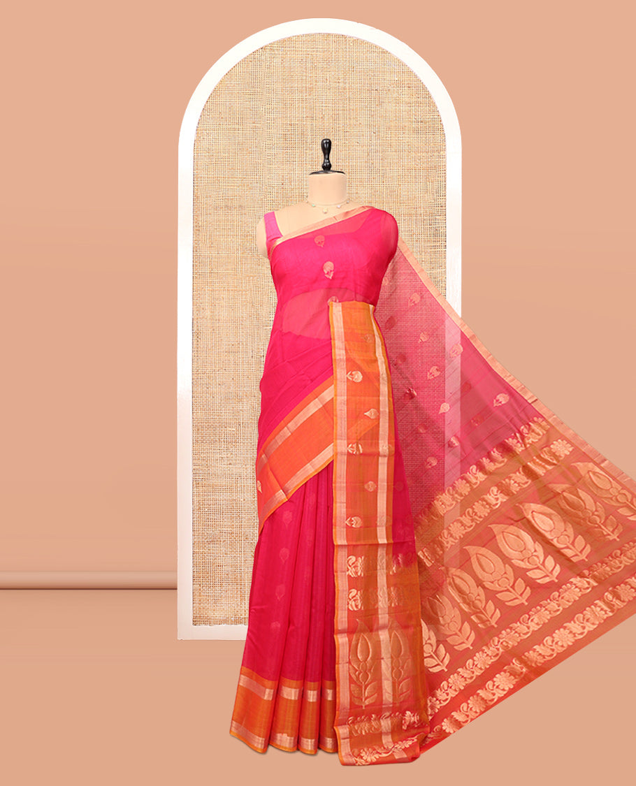 Pink Silk Cotton Saree, Prettified with Floral Buttas, a Contrast Floral Motif Border, Intricate Pallu, and a Contrast Blouse