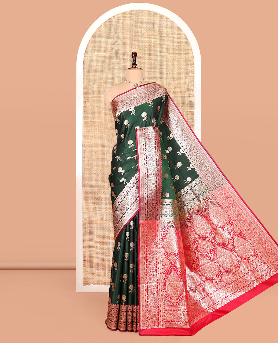 Green Banarasi Nylon Saree, Ornamented with Floral Buttas, Contrast Floral Creeper Zari Border, Intricate Pallu, and a Contrast Blouse