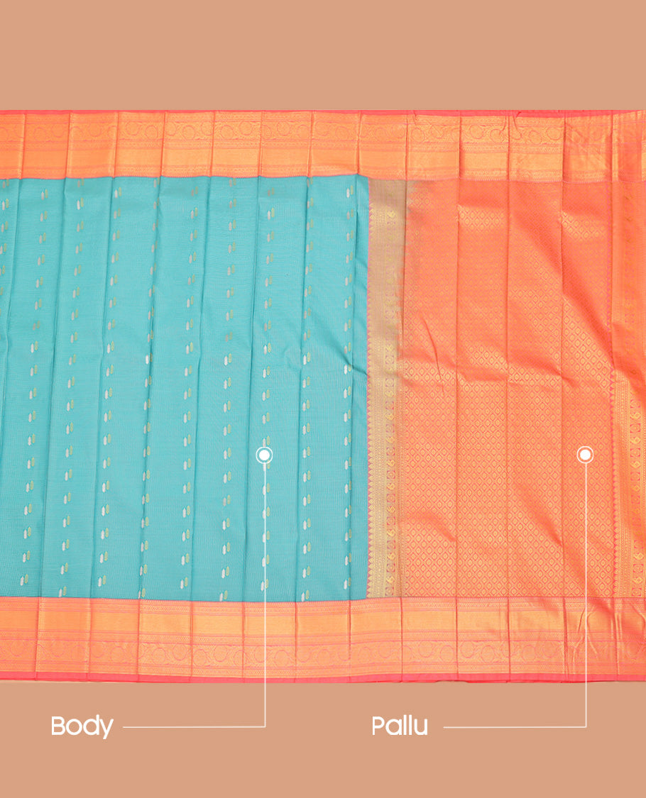 Blue Budget Silk Saree, Subtly Sparkled With Buttas and Stripes All Over Its Body, Complemented by Contrast Border of Traditional Zari Designs, Grand Jaal Pallu and Paired with a Contrast Blouse