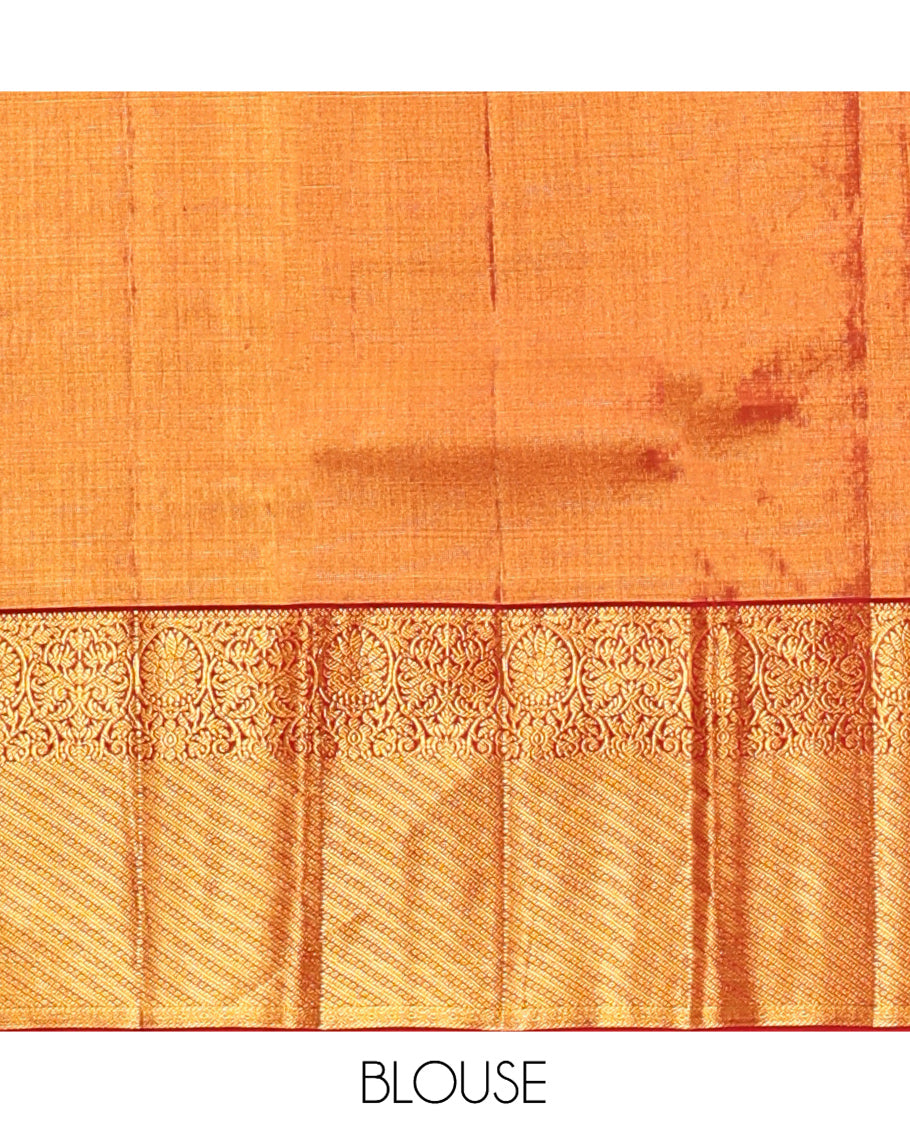 Orange Kanchipuram Tissue Silk Saree, Meticulously Crafted with Jacquard Design, Complemented by Contrast Kodi Visiry Zari Border, Grand Pallu, and Contrast Blouse