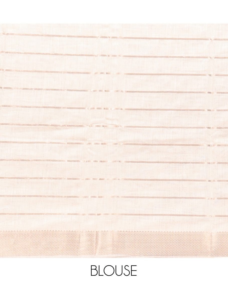 White Assam Silk Saree, Mesmerized with Zari Stripes, Highlighted by a Traditional Zari Border, Zari-Striped Pallu, and a Matching Blouse
