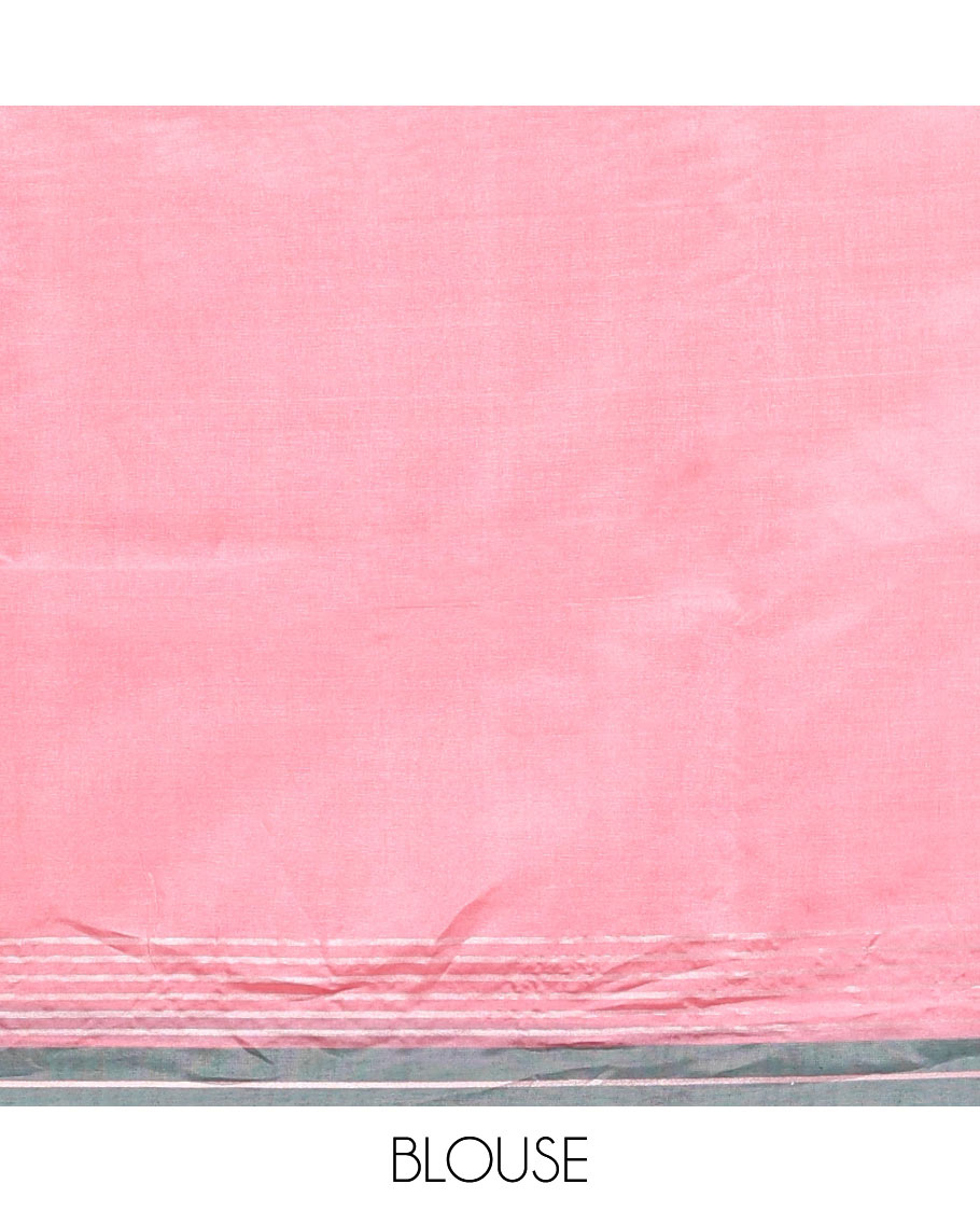 Pink Plain Banana Pith Saree, Subtle Contrast Striped Border, Pallu Steeped with Stripes, and Paired with a Matching Blouse