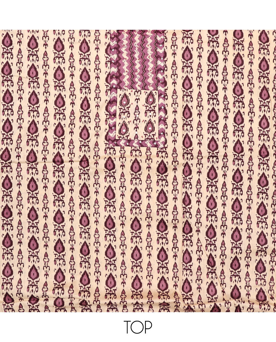 Sandal-Base and Wine Cotton Material Chudidar Set, Adorned with Batik-Style Intricate Print on Its Top, a Batik Chevron Printed Cotton Bottom, and Paired with an Intricately Printed Dupatta