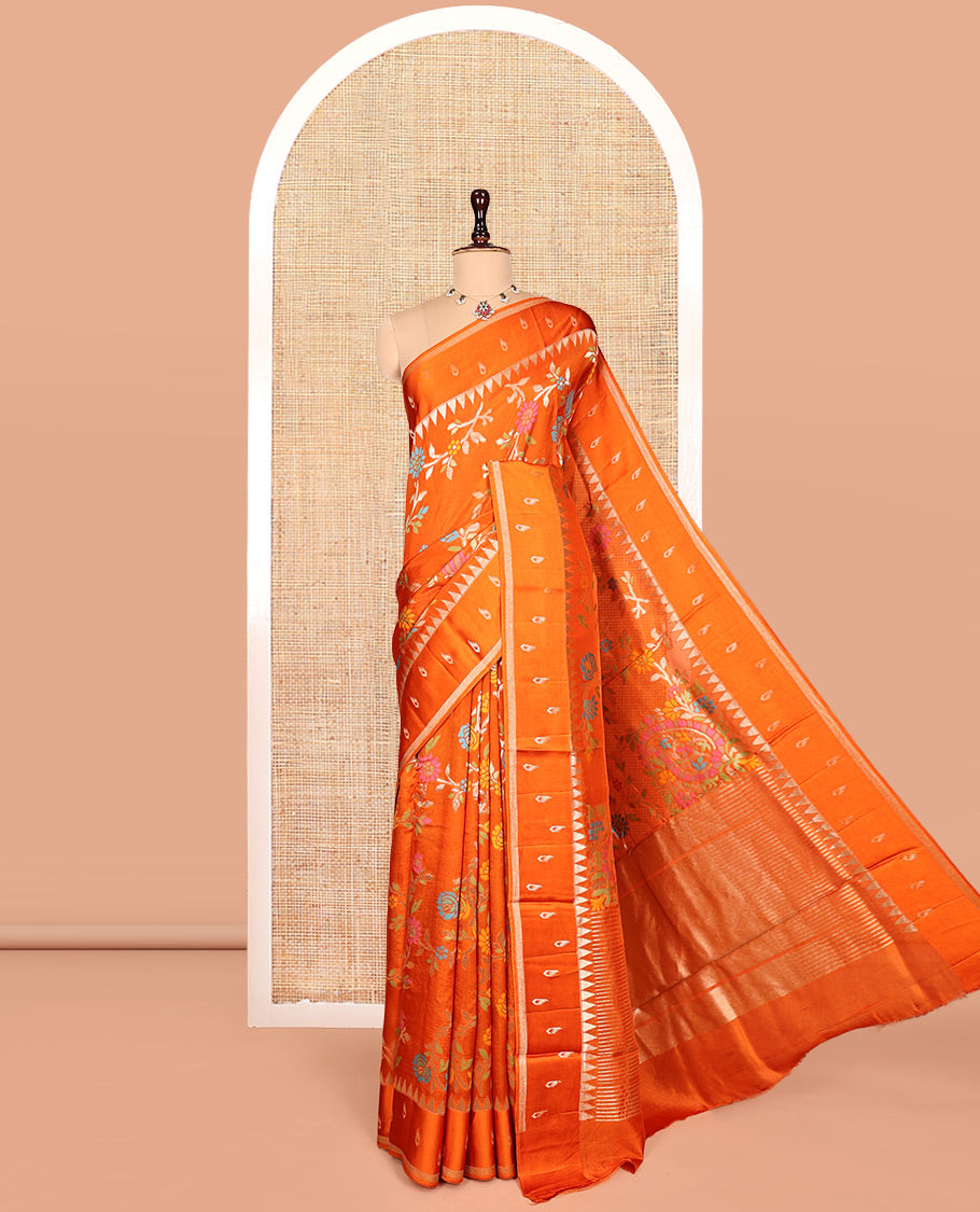 Orange Matka Silk Saree, Elevated with Meenakari Floral Vine All Over Its Body, Highlighted by Temple Border of Buttas, Pallu of Meenakari Floral Designs, and Paired with a Matching Blouse