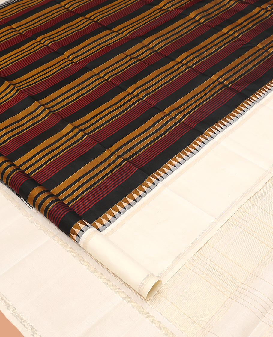 Black Striped Kanchipuram Silk Saree, Complemented by a Contrast Bodi Thazampoo Rekku Border, Zari Striped Pallu, and a Contrast Blouse