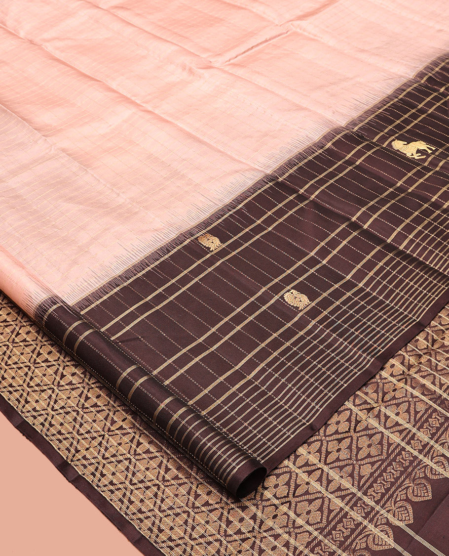 Peach Checked Kanchipuram Silk Saree, Contrast Checked Border of Mayil, and Kuthirai Designs, Grand Pallu, and a Contrast Blouse