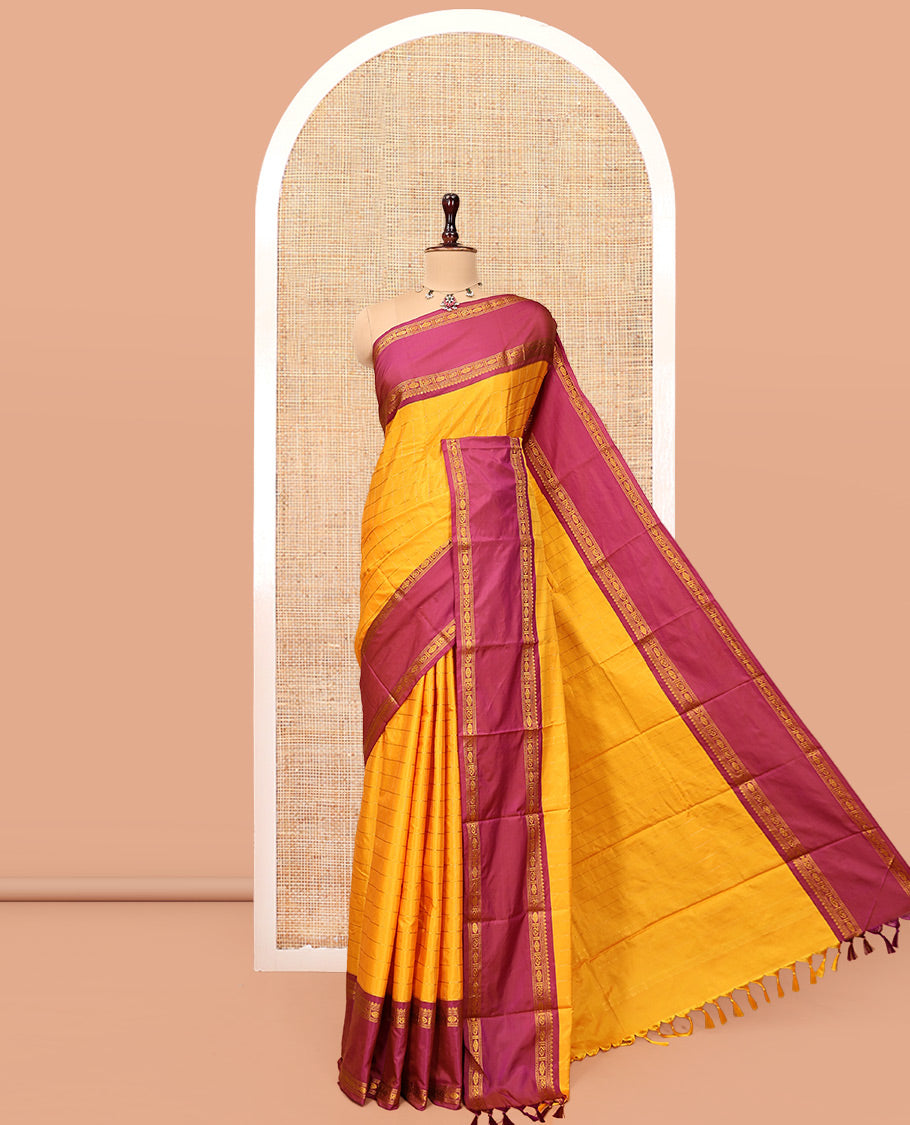 Yellow Budget Silk Saree, Mesmerized with Zari Checks, Contrast Traditional Zari Rettai Pettu Border, Zari Pallu, and a Matching Blouse