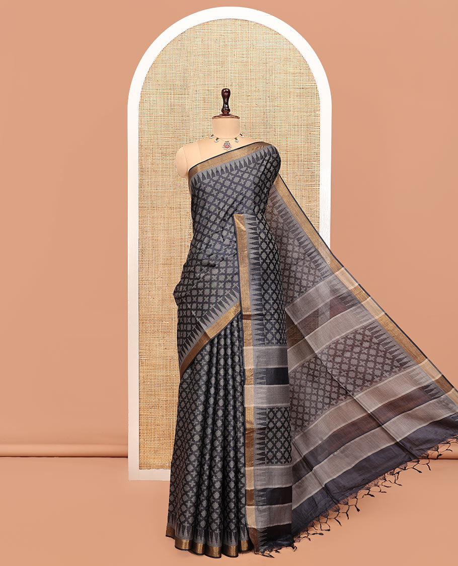 Black Tussar Silk Saree, Accentuated with Buttas, a Subtle Zari Temple Border, a Self-Pallu, and a Matching Blouse