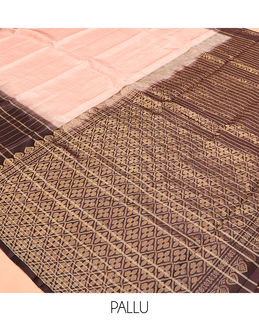 Peach Checked Kanchipuram Silk Saree, Contrast Checked Border of Mayil, and Kuthirai Designs, Grand Pallu, and a Contrast Blouse