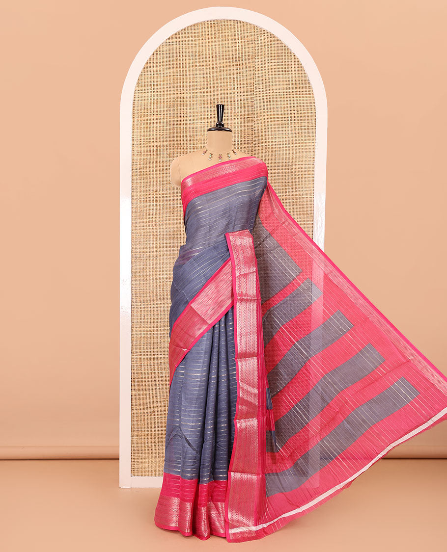 Grey horizontal zari striped moss chiffon saree, contrast traditional zari border, striped pallu, and a contrast zari design blouse
