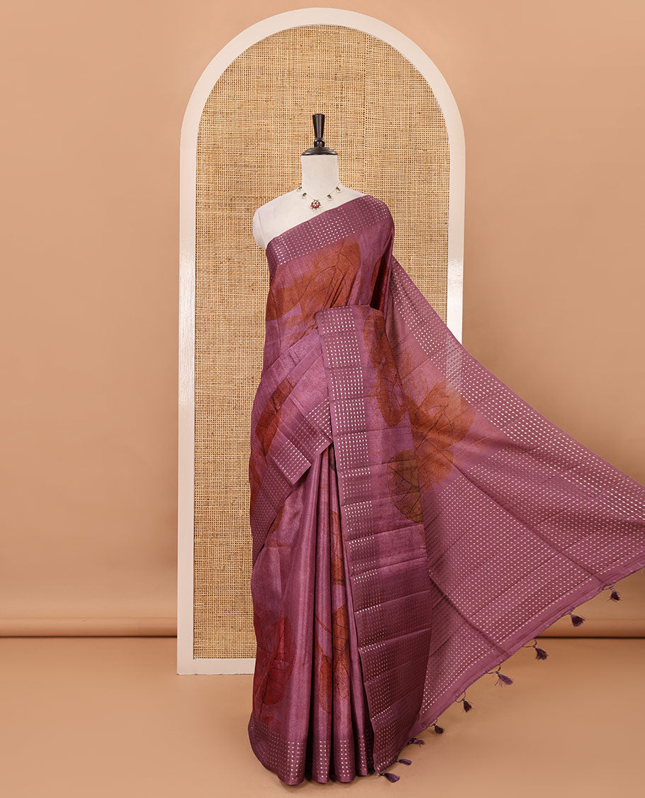 Magenta leaf motifs eco-digital printed fancy tussar saree, zari border, pallu of dobby-style buttas & matching zari design blouse