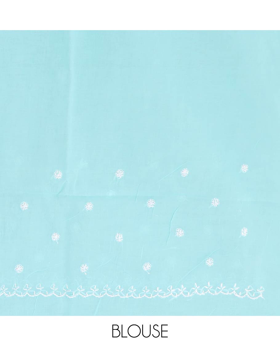 Blue flower embroidery lucknowi chikankari cotton saree scallop design border & floral embroidered pallu
