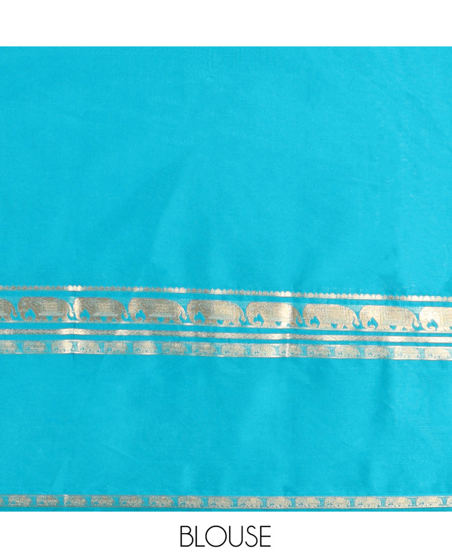 Purple Plain Art Mysore Silk Saree, Complemented by Captivating Contrast Rettai Pettu Traditional Border of Elephant Zari Buttas, Striped Pallu, and Paired with a Contrast Blouse
