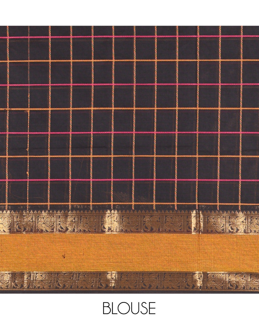 Black Checked Chettinad Cotton Saree, Complemented by Contrast Rettai Pettu Granga-Jamuna Border, Jaal Pallu, and a Matching Blouse