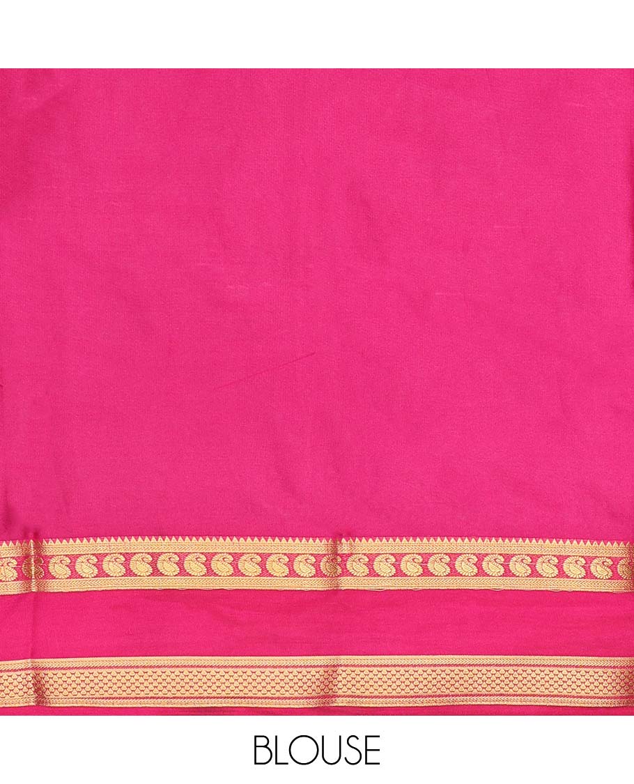 Blue madhubani-style floral vine semi-banaras printed saree, contrast traditional design border & striped pallu