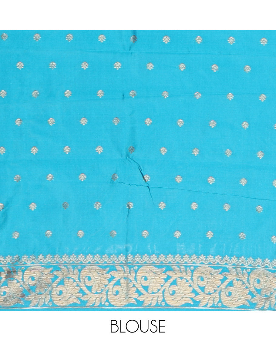 Navy Blue Semi Katan Silk Saree, Adorned with Zari Buttas, a Contrast Border, Intricate Pallu, and a Contrast Blouse
