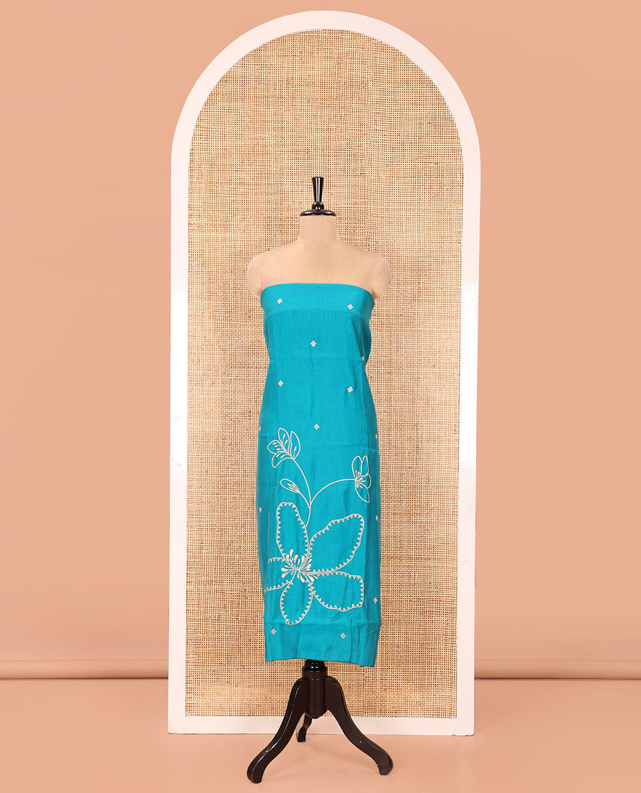 Blue Mul Chanderi Designer Material Chudidar Set, Meticulously Woven with Big Floral Motifs Embroidered On Its Top, A Plain Santoon Bottom, and Paired with a Mul Chanderi Scallop Thread Embroidered Dupatta