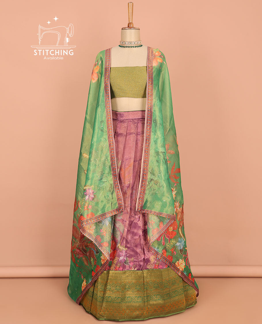Multi-color floral printed art silk half saree, contrast traditional border, jacquard blouse & floral printed dhavani