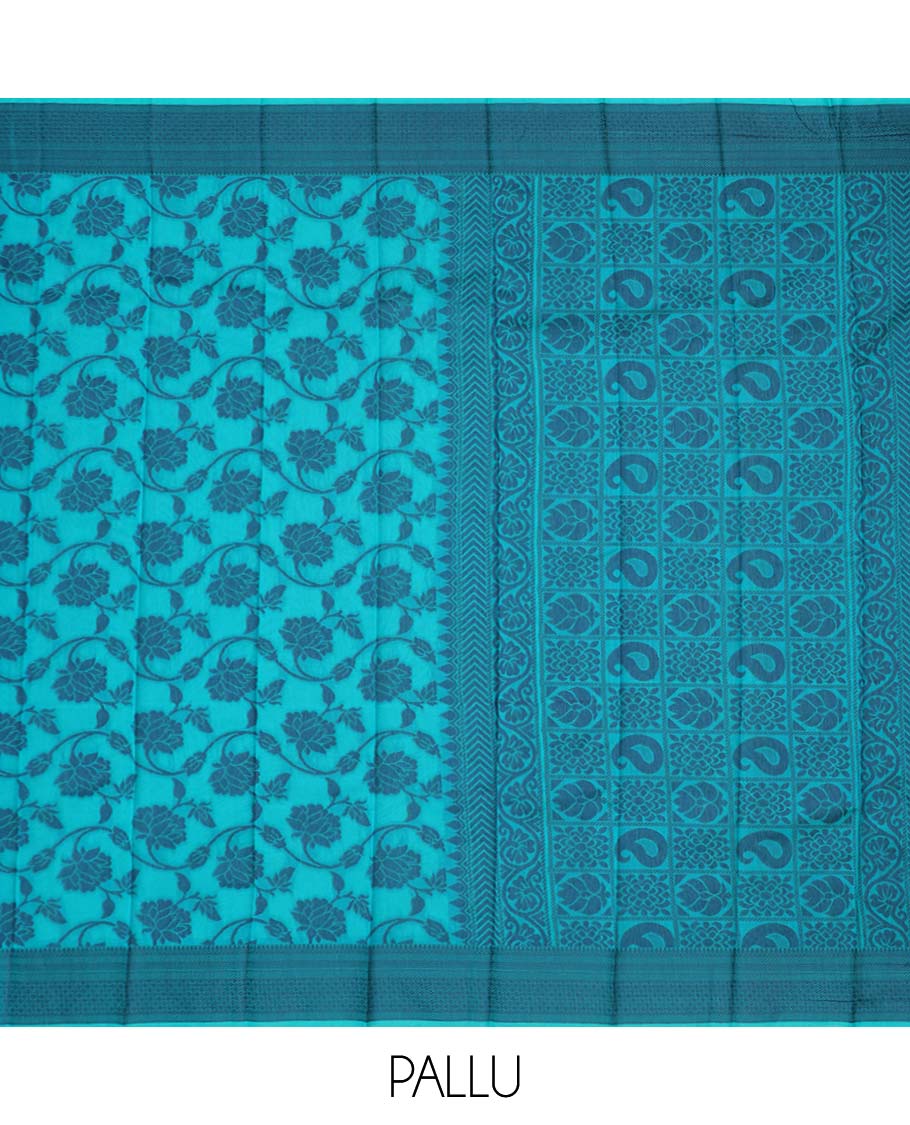 Blue floral vine design kora cotton saree with self intricate design border & floral enclosed checked design pallu