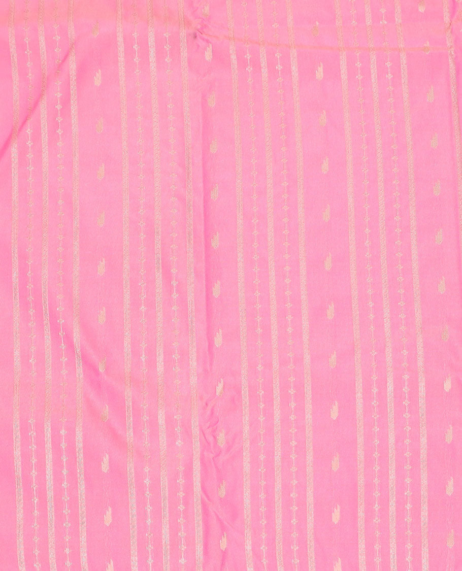 Flamingo pink art silk pavadai material set, zari design pavadai, contrast blouse & traditional zari border