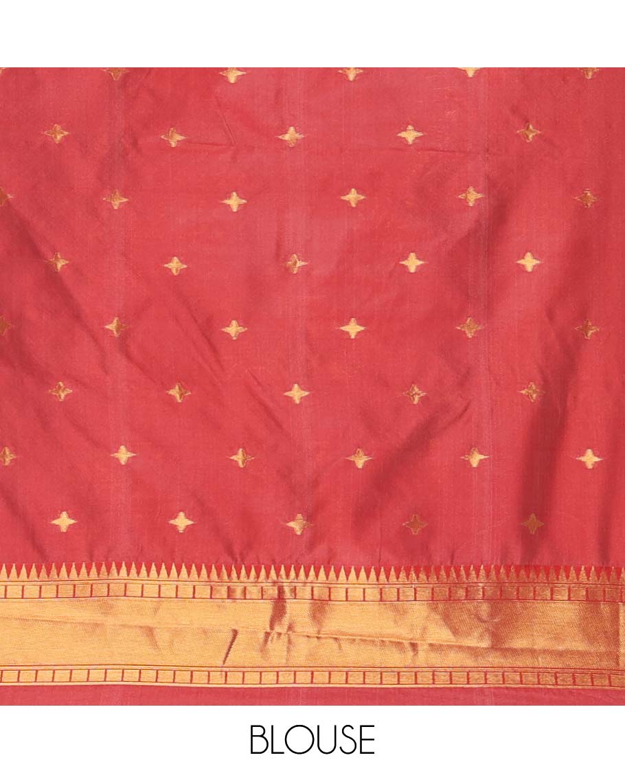 Cream with maroon temple butta kanchi silk saree with temple, traditional zari border & rich weaving pallu along with butta design blouse