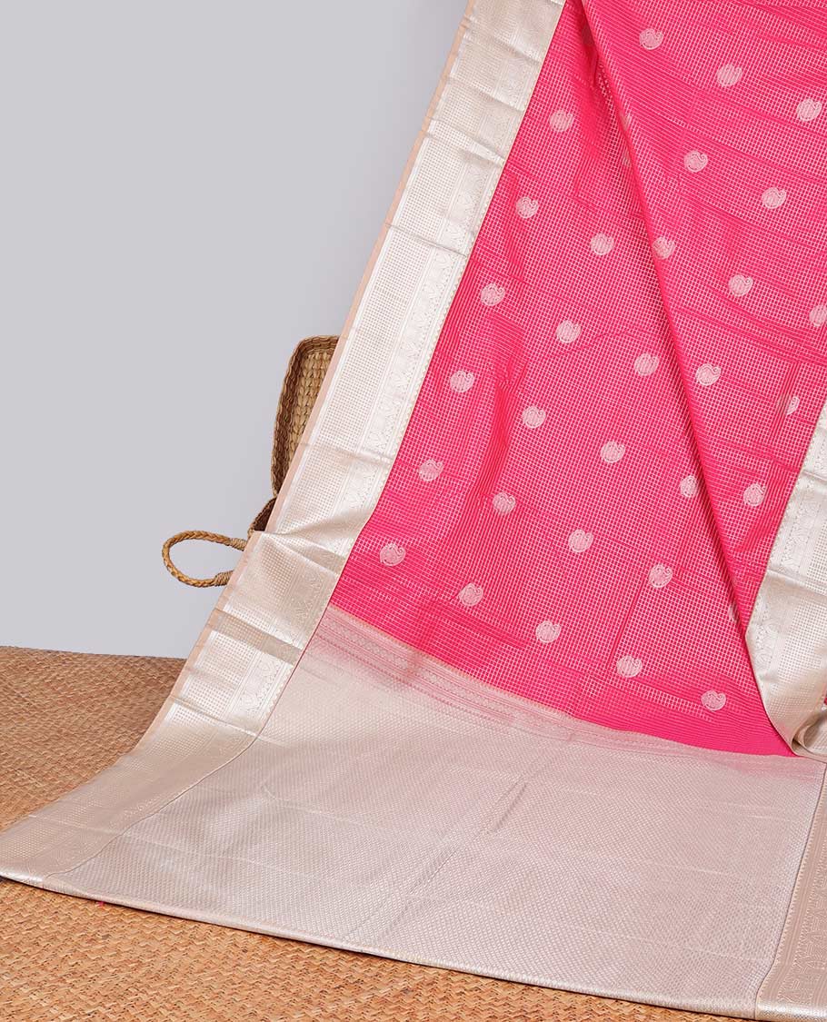 pink checked, leaf motifs gift saree with contrast zari design border & checked zari design pallu