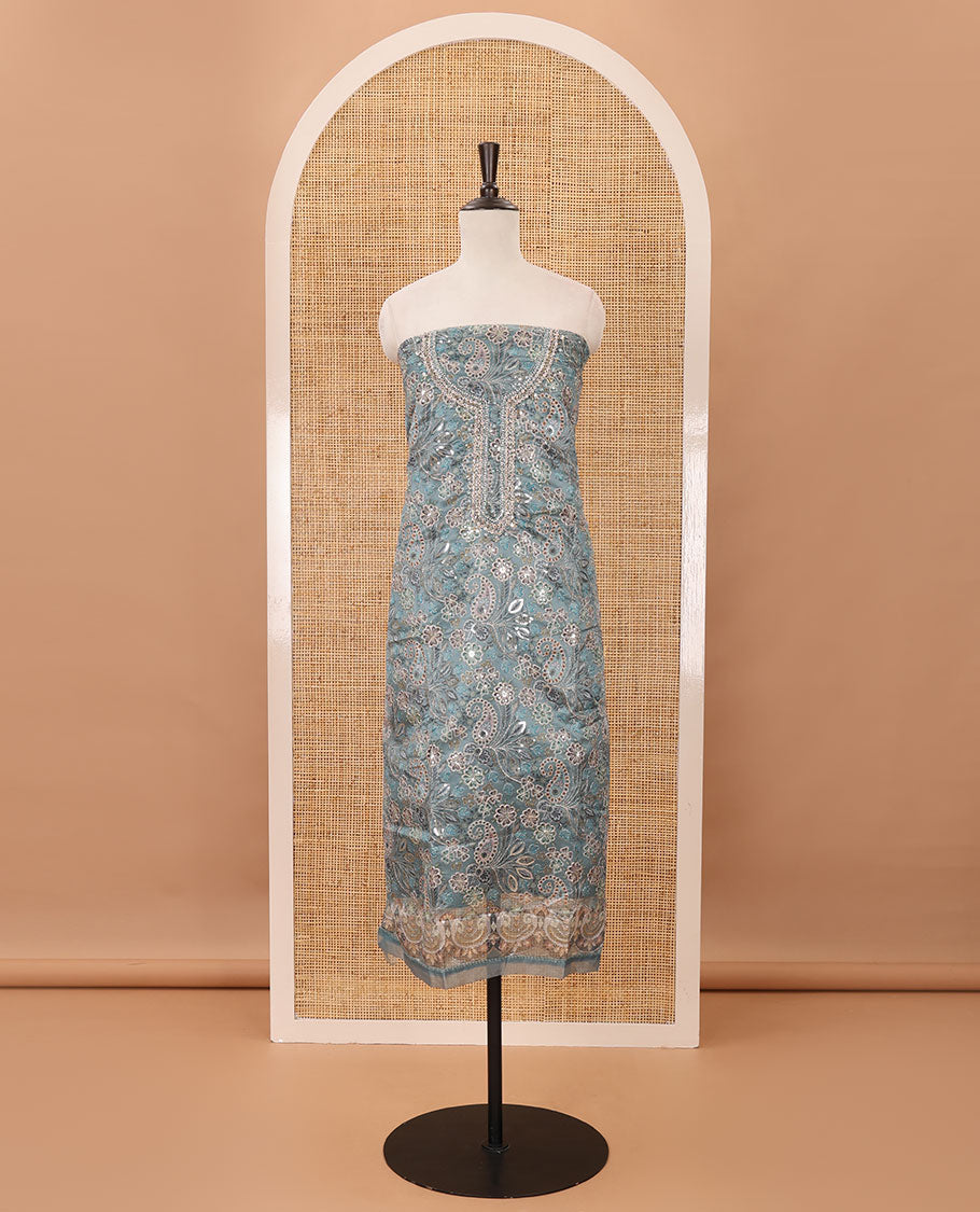 Sapphire green material chudidar set, floral printed & outline mixed embroidery organza top,plain bottom & floral vine sequins embroidery dupatta