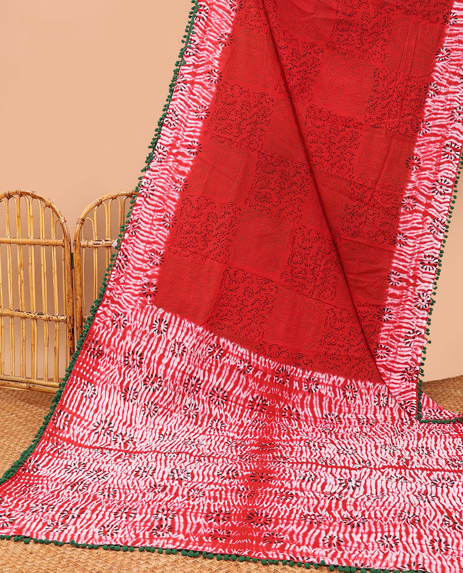 Red floral design mul mul cotton saree with contrast floral design border & intricate design pallu