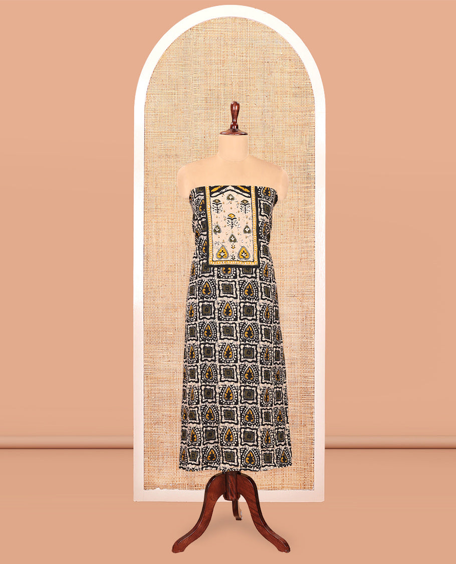 Black-Yellow Mul Cotton Material Chudidar, Batik Printed Top, a Contrast Bottom, and Batik Print Dupatta