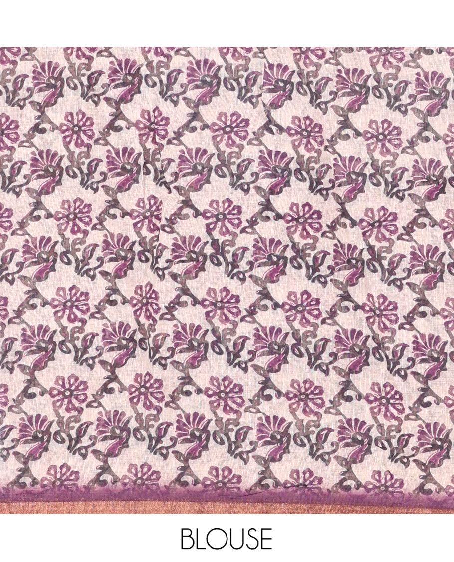 Purple Linen Cotton Saree, Elevated with Shibori Printed on Its Body, Subtle Piping Border, Pallu of Floral Vine Print, and Paired with a Contrast Floral Vine Printed Blouse