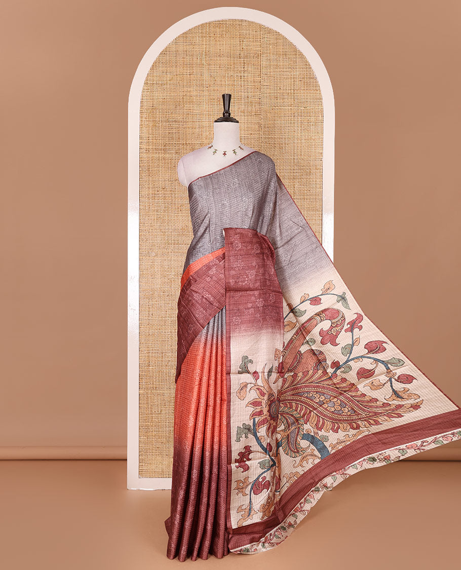 Borderless rust ombre style dyed and floral vine design semi tussar saree, contrast kalamkari printed pallu and blouse