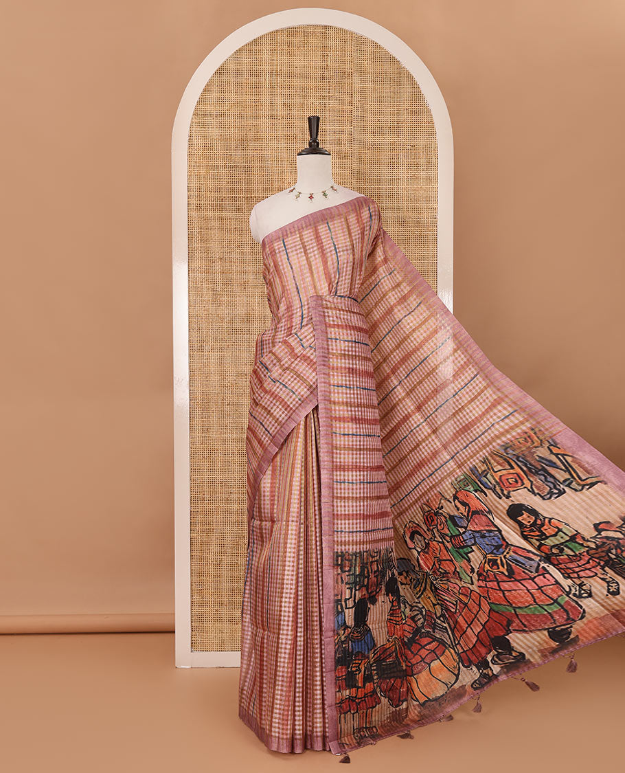 Borderless peach checked & stripes printed fancy tussar saree, contrast painting-style Indian woven motifs printed pallu & checked printed blouse